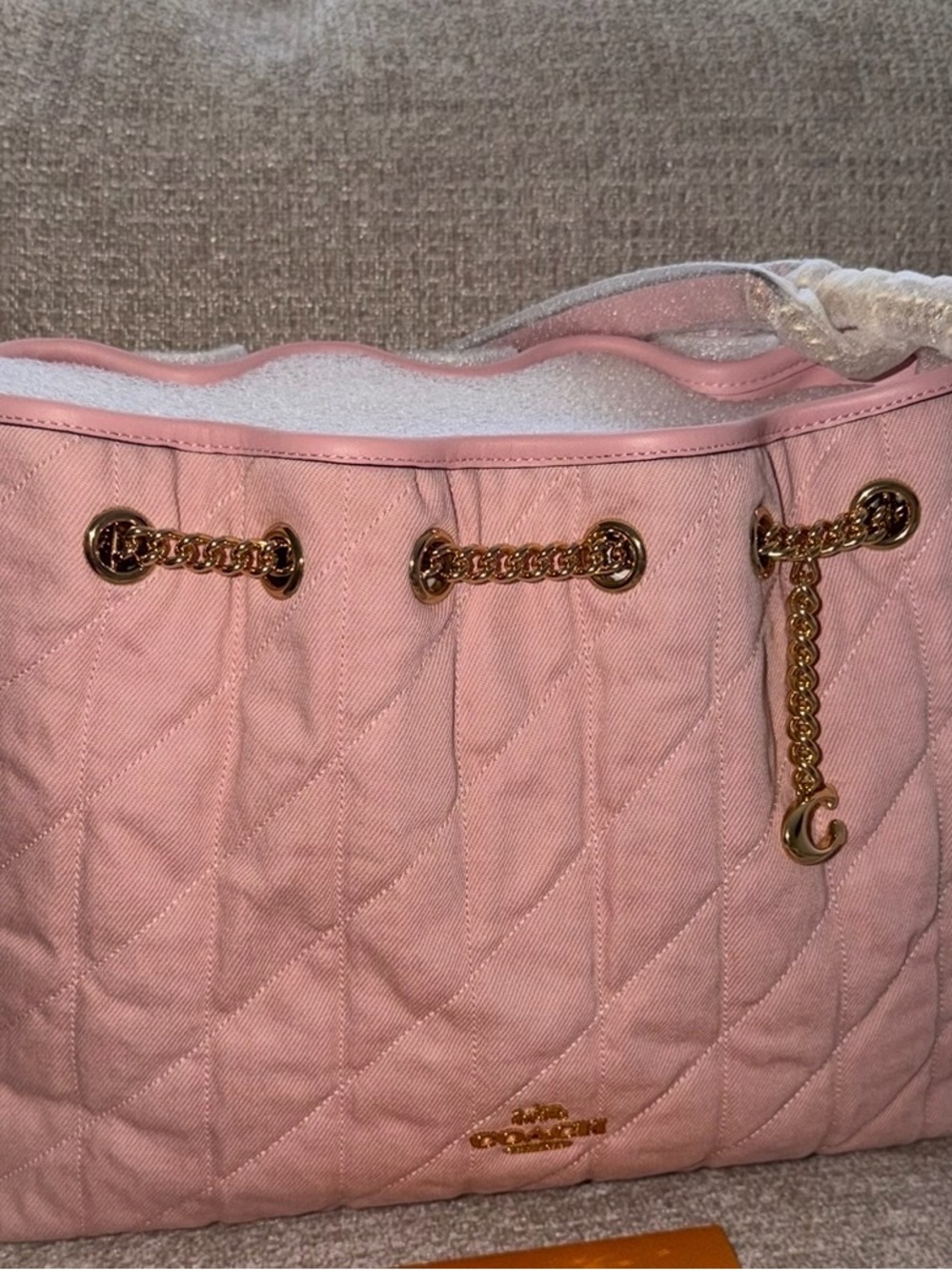 Coach Evelyn Quilted Pink Denim with Gold Chain Accents